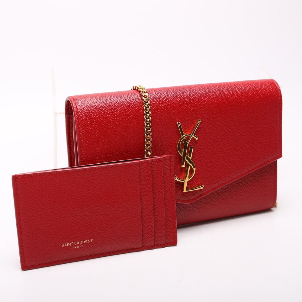 Saint Laurent Uptown Chain Wallet Red Grain De Poudre WOC + Card Holder Gold HW